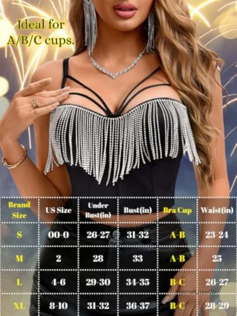 Rhinestone Fringe Strappy Corset Crop Top with Molded Cups Adjustable Straps